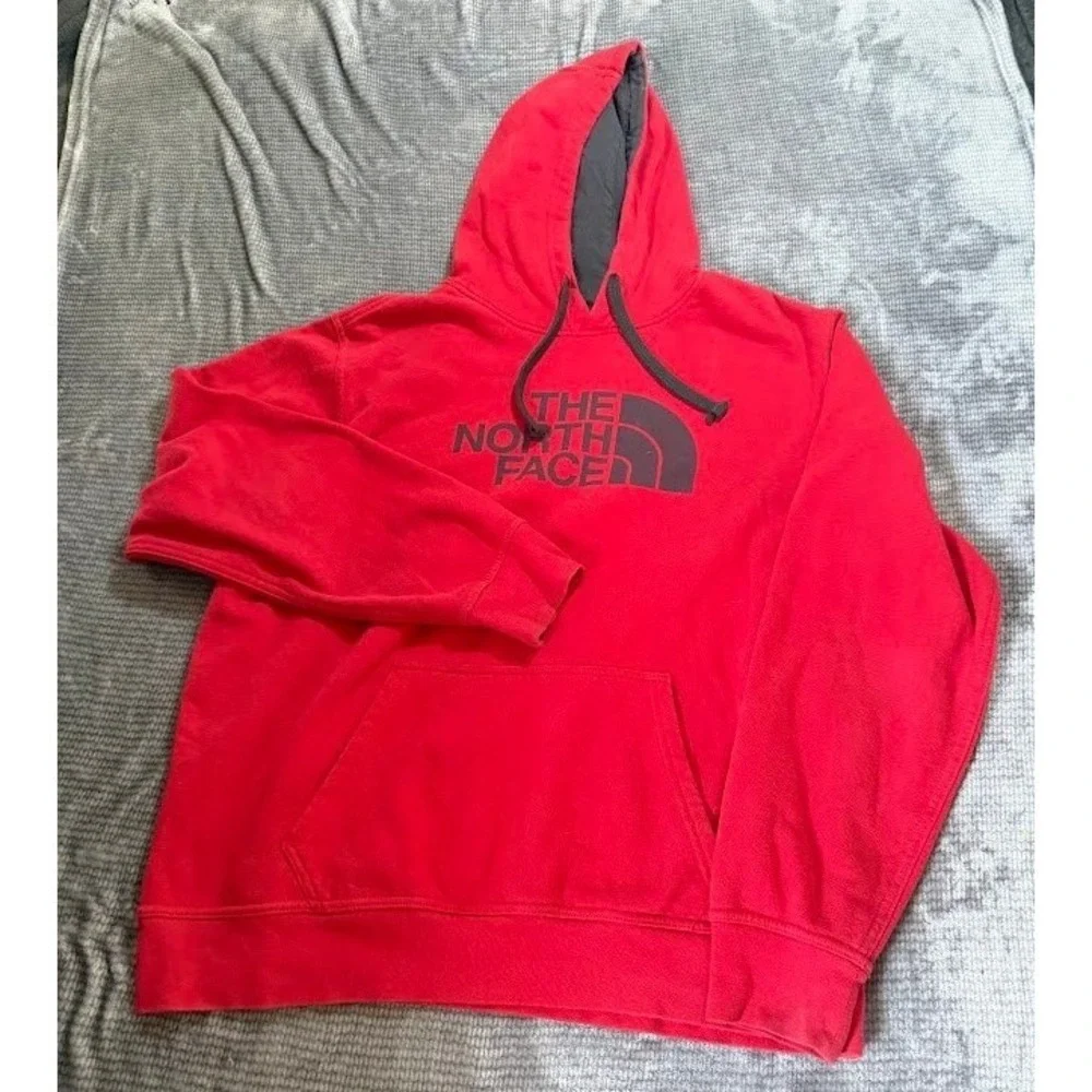 The North Face Mens Red Logo Pullover Hoodie Fleece Sweatshirt Large Long Sleeve